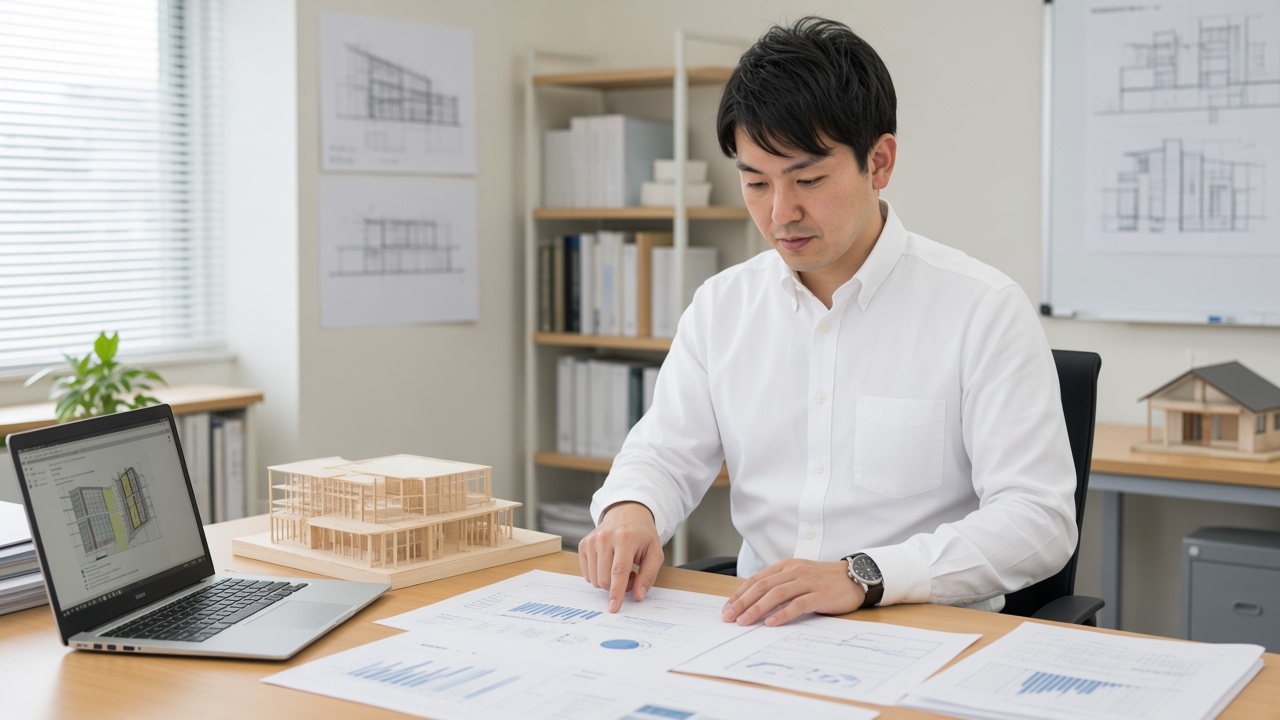 建築模型を前に省エネ性能を検討する様子