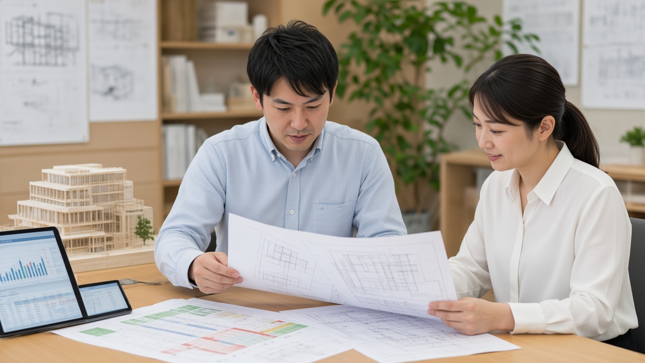 環境評価の資料と建築模型を確認する様子