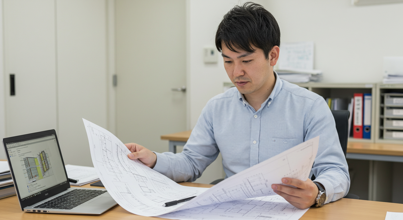 図面を確認しながら省エネ計算を進める様子