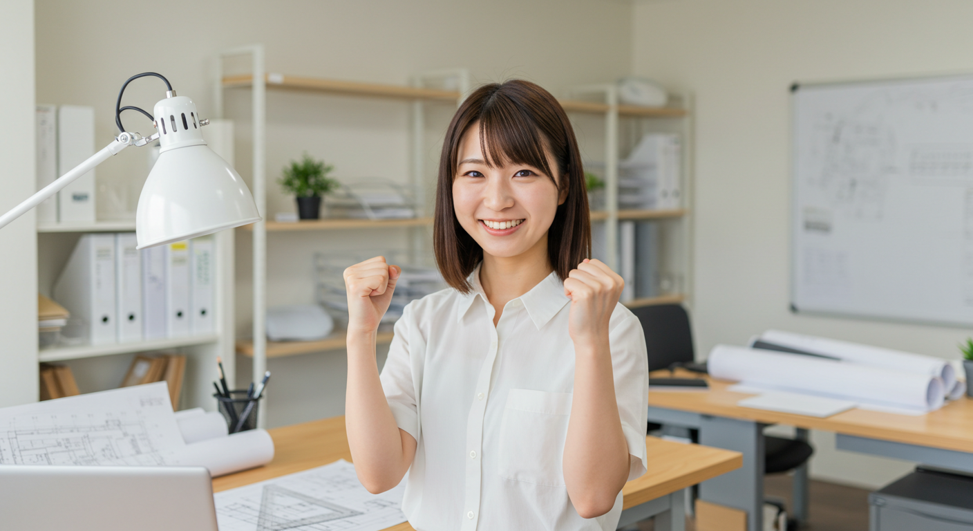 図面と資料が並ぶデスクで業務を進める様子